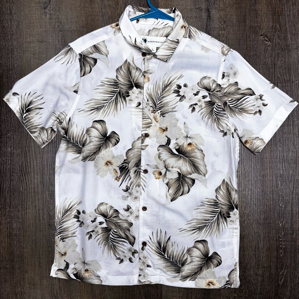 Aeropostale Men's Tropical Print Shirt - White and Brown